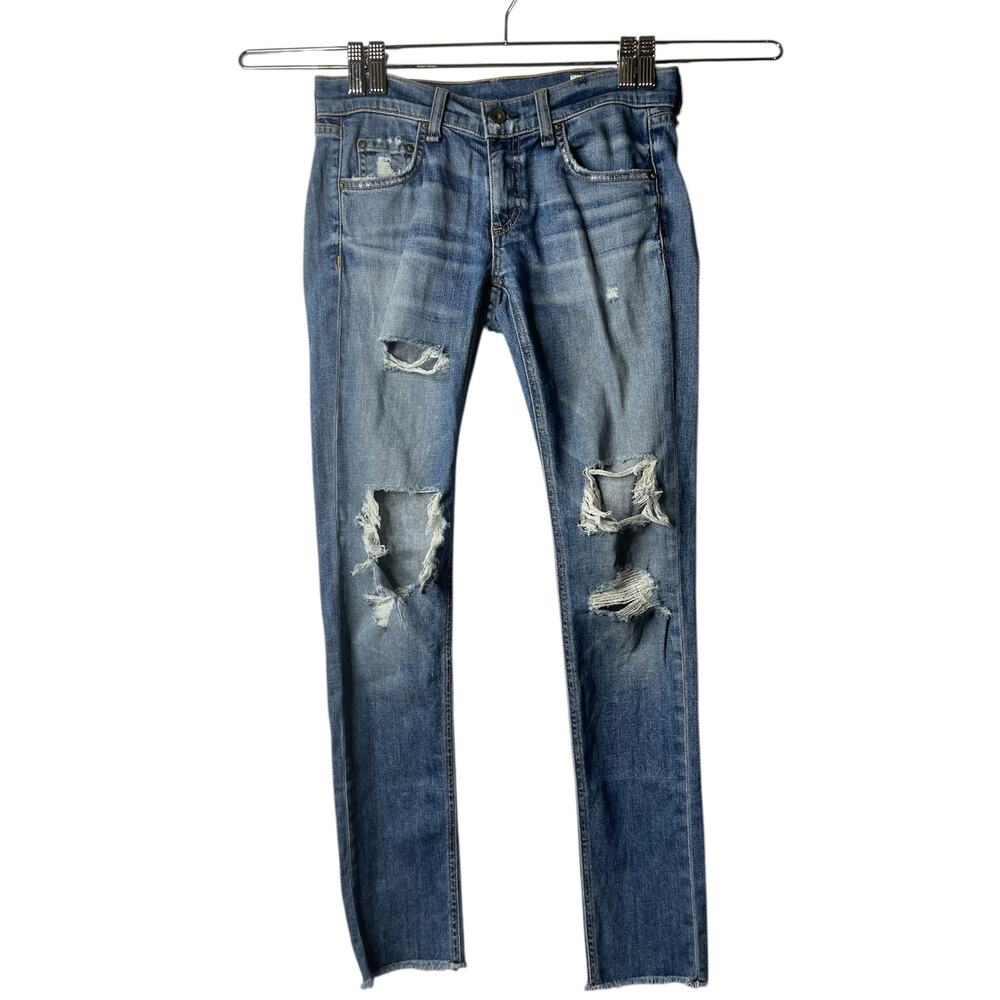 Rag & Bone Dre Skinny Jeans Destroyed Ripped Low Rise Distressed Raw Hem Size 24